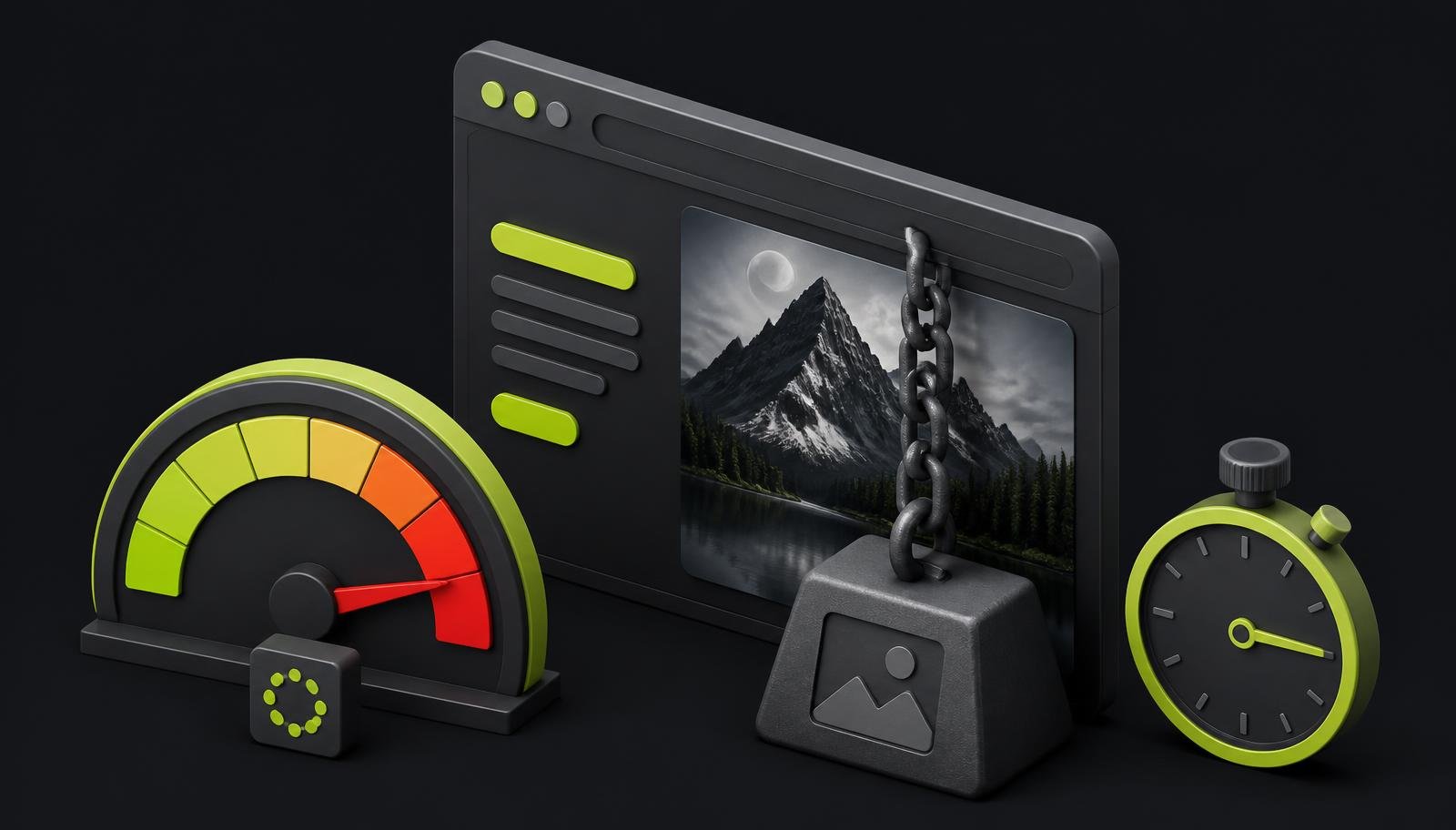 Speed gauge in the red beside a browser window weighed down by a heavy hero image and a stopwatch